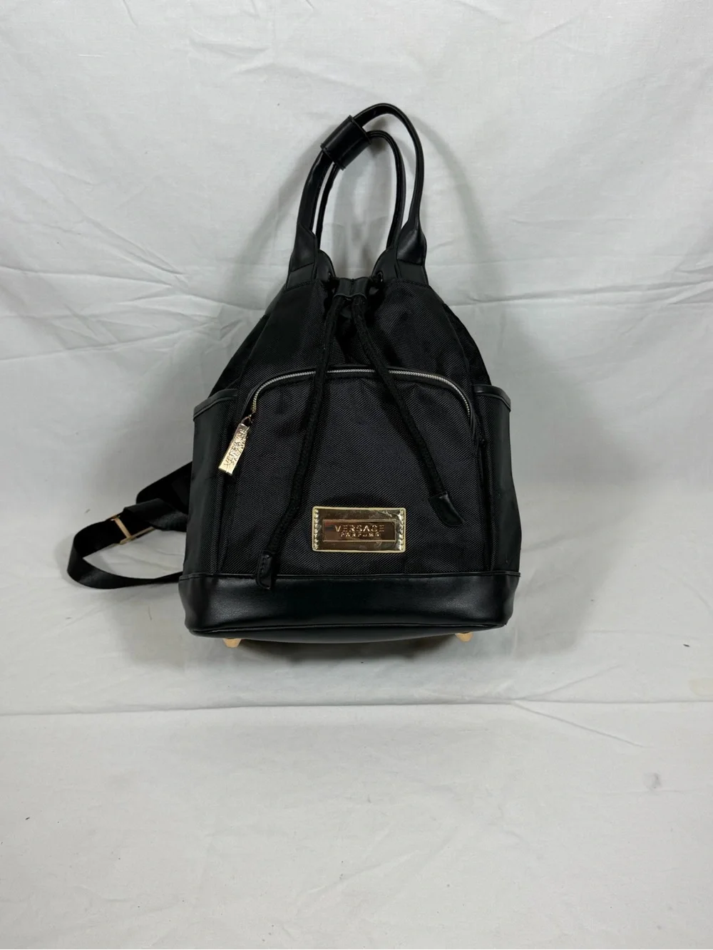 Versace Parfums Black Nylon Backpack Gold Logo NWOT Cinch Drawstring Travel Bag